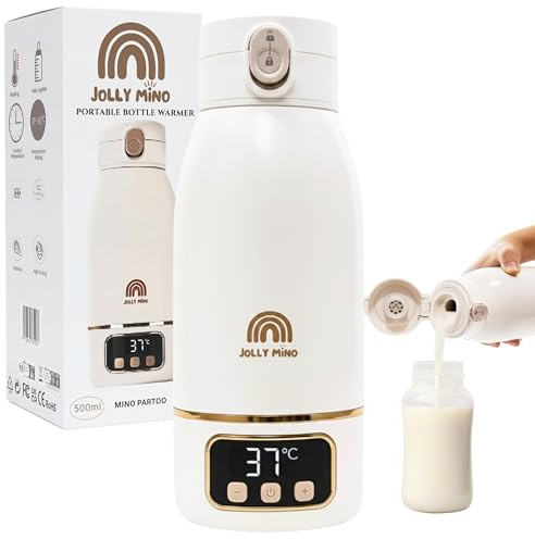 JOLLY MINO Calentador de Biberones Portátil Sin Cable 500ml, Acero Inox, Calienta Agua y Leche Materna, Auto-Pasteurización, Viaje Coche Noche, Cepillo de Silicona Incluido