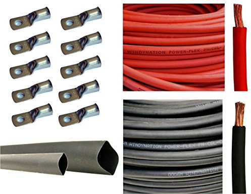 WNI 4/0 AWG 4/0 Gauge 10 Feet Black + 10 Feet Red Battery Welding Pure Copper Ultra Flexible Cable + 5pcs of 5/16 & 5pcs 3/8 Copper Cable Lug Terminal Connectors + 3 Feet Heat Shrink Tubing