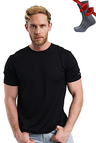 Premium Merino Shirt Herren Kurzarm - Thermooberteile 100% Merino Unterwäsche Herren + Wanderwollsocken (Large, Black Ink)
