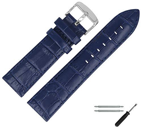 MARBURGER Uhrenarmband 28mm Leder Blau Silber Alligator Prägung Mit Naht - Montage Set 7892851000120