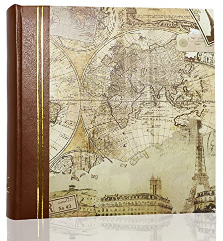 Holoary Photo Album 4 x 6 200 Photos 2 Pictures Per Page, Memo Writing Area for Each Pocket, Faux Leather Spine and Printed Old Map Vacation Design Brown