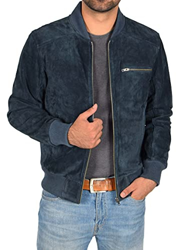 A1 FASHION GOODS Chaqueta bomber de ante real para hombre, ajustada, colores clásicos, negro, marrón, azul marino, marrón y marrón, azul marino, L
