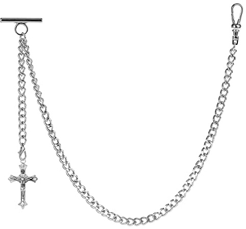 ZTA Albert Chaîne de montre de poche pour homme avec chaîne de gilet et fermoir pivotant avec pendentif en forme de croix, Argent (Silver)