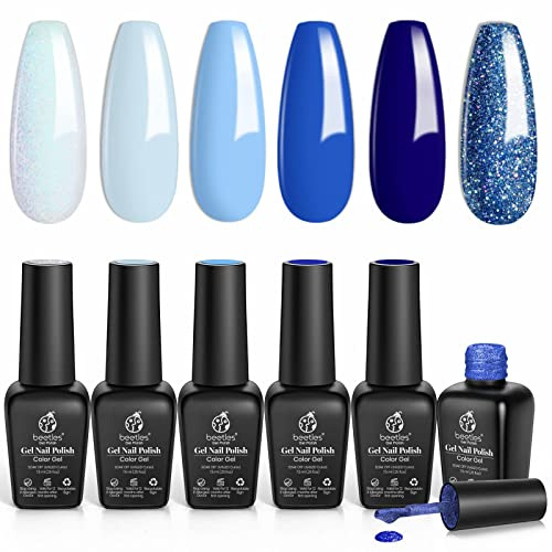 Beetles UV Gel Nagellack Set - 6 Farben Blau Marinefarbener Nagellack Aquarius Holy Water Collection DIY Gel Polish Nail Kit Modische Glitzerfarben Geschenk für Frauen Anfänger Nail Art