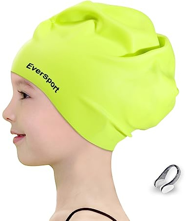 EverSport Kids Swim Caps 6-14 for Girls Long Hair, Large Silicone Swimming Pool Cap for Boys Braids and Dreadlocks Keep Hair Dry Anti Slip Ear Cover Bathing Shower Cap