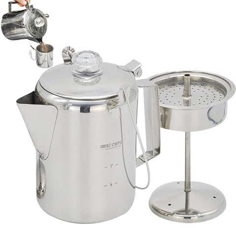 Povanjer Cafetera con percolador para acampar,Cafetera con percolador | Cafetera de acero inoxidable,Percolador de café de acero inoxidable, grupos de percoladores para acampar, cafetera de 9 tazas