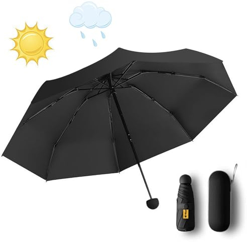 iTYOOS Kompakter Regenschirm, Sturmfest mit 8 Rippen Taschenschirm, Mini Schirm, Mini Umbrella, Kleiner Regenschirm mit UV Schutz, Faltbarer Sonnenschirm, mit Etui für Regenschirme, Schwarz