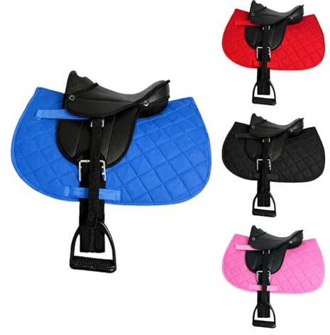 Brama West Holzpferd Sattel Set „My Happy Pony“ | Sattel für Shetty Pony Holzpferd Plüschpferd | mit Satteldecke, Sattelgurt, Steigbügel & Steigbügelriemen | Zweifarbig Decke Blau/Sattel Schwarz