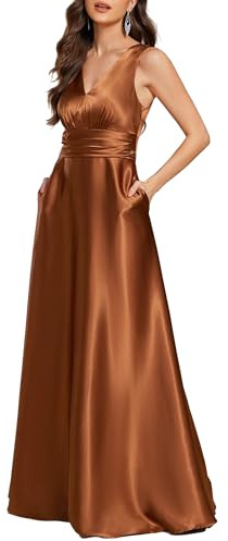 Ever-Pretty Abito Cerimonia Donna Eleganti Lungo Raso Senza Maniche Abito Damigella d'Onore Vestito Elegante Scollo a V Bronzo 48