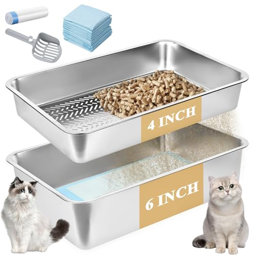 Passoire en acier inoxydable avec couvercle, grande boîte à litière pour chat avec granulés de pin et petits chats (15,2 cm)