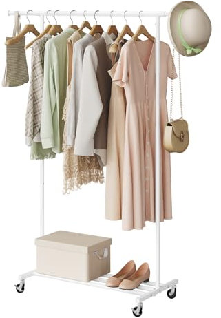 eSituro Kleiderständer auf Rollen, Garderobenständer ausziehbare Kleiderstange, bis 70 kg belastbar, einfache Montage, offener Kleiderschrank mit unterer Ablage, für Schlafzimmer,Weiß