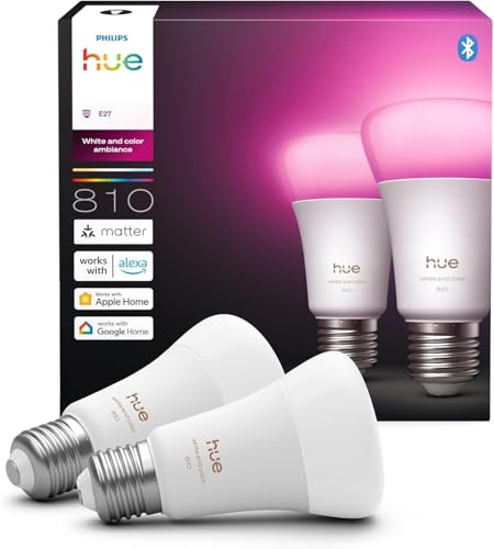 Philips Hue Smart LED A60 ljuskälla, White and color ambiance, E27-sockel, 6W, Fullspektrumljus 1000K-20000K, 810 lumen, Dimbar, Fungerar med Alexa, Google Assistant och Apple Home, 2-pack