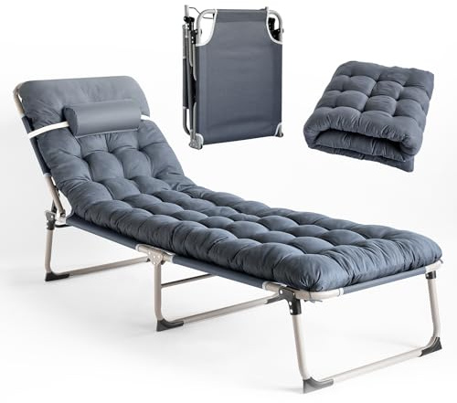 Sensch Lit de camping avec tapis, lit pliant réglable à 4 positions pour dormir lit d'appoint lit pliant pour le camping avec matelas pour la maison, le bureau, la sieste, la plage, les voyages, 68 kg