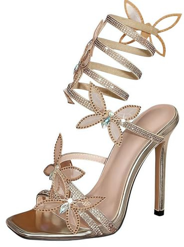 FQLGJMY Mujeres Stiletto Sandalias de tacón alto Tie Up Open Toe Slingback Espiral Envoltura alrededor de zapatos de verano con strass para la fiesta de baile