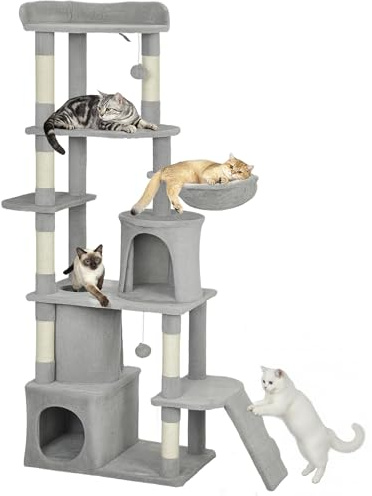 PawHut Albero Tiragraffi per Gatti Multilivello Alto 170 cm con 7 Pali Graffiatoi, 2 Grotte, Piattaforme, Lettino, Amaca, 2 Pompon, Scala e Tunnel, Torre per Gattini, in Peluche, Grigio Chiaro