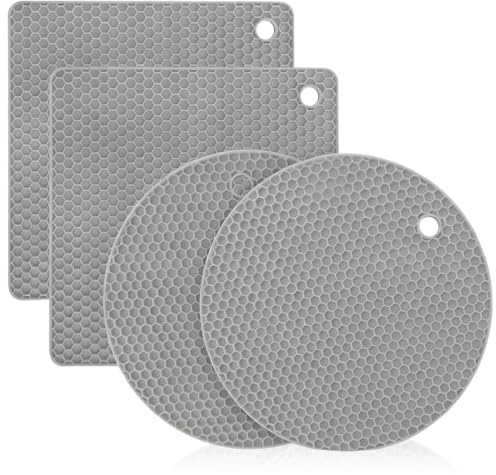 Sottopentola Silicone Set, 4 Pezzi, resistente al calore fino a 230C°, Presine in Silicone da Cucina Forma di Alveare, multifunzionali, antiscivolo, per Padelle, Pentole (2 rotondi, 2 quadrati)