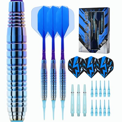 Mhekrep Set di freccette morbide con punta in plastica, 22 grammi, 3 freccette professionali per bersaglio elettronico, finitura Rainbow con 10 punte morbide, 6 alette e contenitore (blu colorato)