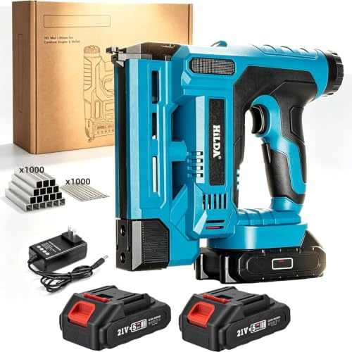 Pistola de Clavos Inalámbrica, Clavadora Eléctrica 21V para Clavos Brad y Grapas, 2 Baterías + 1000 Clavos + 1000 Grapas Incluidas, Tacker sin Cable para Carpintería y Tapicería
