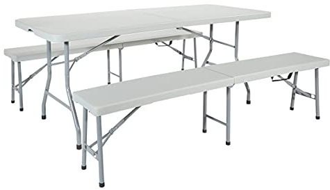 Office Star Resin Furniture for Indoor or Outdoor Use, 3-Piece Set, 2 Folding Benches and 6 Foot Table
