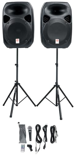 Rockville RPG122K Pair 12 1000W Powered Speakers, Bluetooth, Wired Mic, Speaker Stands, Cables, Built-in Mixer, TWS Linking, for DJs, Karaoke, Events