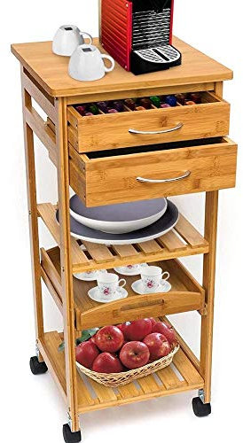 BAKAJI Carrello Cucina in Legno di bambù con Ripiano Top Solido Tagliere utile per appoggio Macchina da caffè, Tavolino Cucina da Servizio in Bamboo 4 Ruote girevoli,Vassoio Estraibile, 3 Ripiani