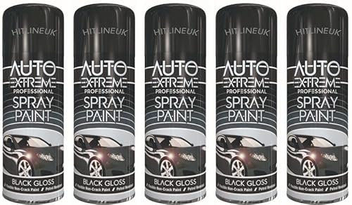 HitlineUK Spray Paint Black, Gloss Black, (5 X 400ml can) Fast Dry, Acrylic Spray Paint for Metal, Wood, Stone, Cardboard and Paper