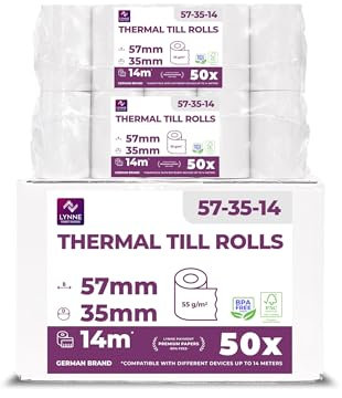Ec-Cash Thermorollen 57mm x 14m x 12mm - Kassenrollen - Thermopapier - Bonrollen für Bankomat und Kredit-Kartenlesegeräte (EC-Cash - 57x35x12-14 Meter - 50 Rollen)