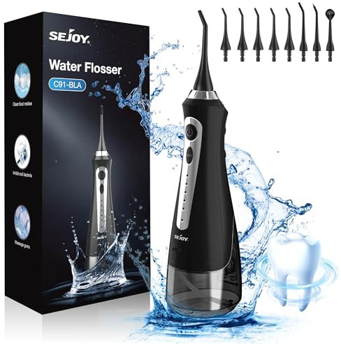 Sejoy Water Flossers for Teeth Cordless, Water Flosser Rechargeable Portable, Oral Irrigator for Braces, 5 Modes and 8 Tips, IPX7 Waterproof, Detachable 230ML Water Tank, for Travel and Home, Black