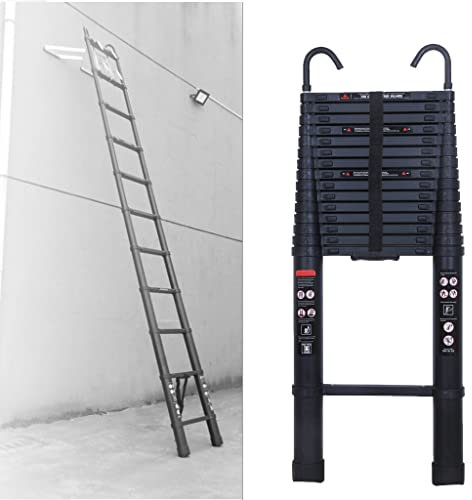 3,8m Aluminium Teleskopleiter mit 2 Haken, rutschfest Ausziehleiter Dachbodenleiter Ausziehbar Anlegeleiter, 13 Sprossen, Leicht zu Tragen, 150kg Tragkraft, Schwarz