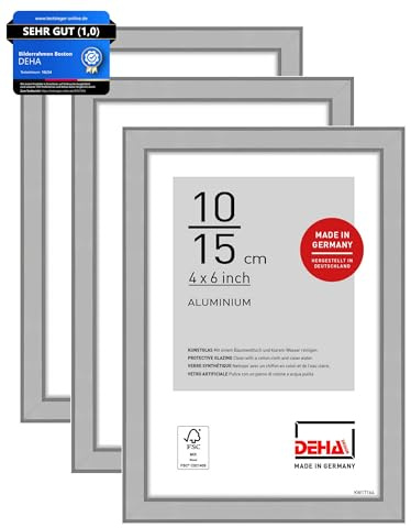 DEHA Design cadre photo, 10 x 15 cm (set de 3), aluminium, Argent mat, cadre photopour poserau format paysage et portrait, verre synthétique, Boston