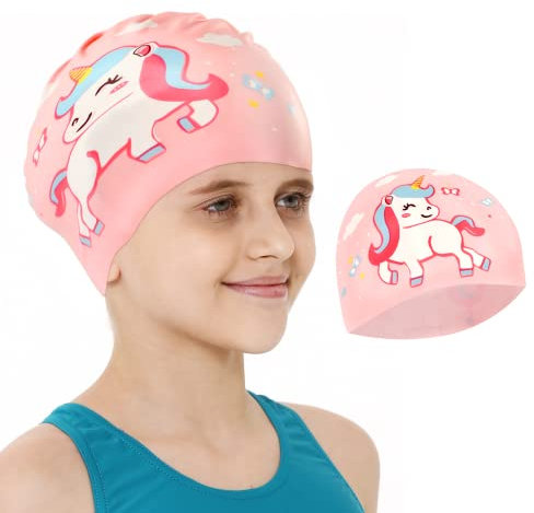Bonnet de Bain pour Enfant, Bonnet de Bain en Silicone, Bonnet de Bain Élastique Licorne, Bonnet de Bain Cheveux Long Enfant, Bonnet de Bain Unisexe, Bonnet de Bain Piscine pour Garçons Filles