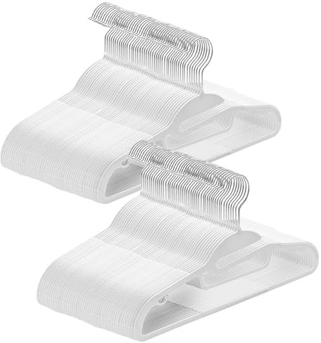 ABHENG Kleiderbügel Kunststoff, 100er-Pack Rutschfester Bügel mit U-förmiger Öffnung, Nass und Trocken, Platzsparender Kleiderbügel mit Krawattenhalter und 360°drehbarer Haken,Weiß + Silber,APY04100W