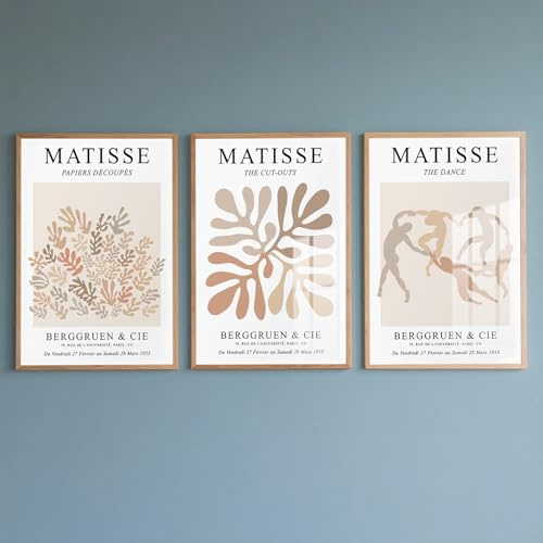 PWAAHDC Abstrakt Matisse kanvas väggkonst tryck – set med 3 icke-inramade bohemiska affischer för vardagsrum och sovrum, neutral vintagedekor (A4)