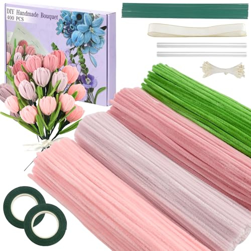 400pcs Pipe Cleaners for Craft Flowers, Pipe Cleaners for Tulip Bouquet, Fuzzy Sticks Craft Supplies for Flower DIY Craft Kit Gift, Chenille Stems Arts & Crafts with Tutorial (Pink)