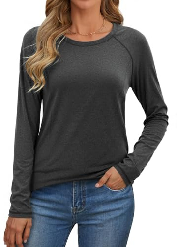 Crewhpo Oberteil Thermo Langarm Damen Top mit Rundhals Einfarbiges T-Shirts Basic Lockerer für Frauen Thermounterwäsche Funktionsshirt Thermo Unterhemd Thermoshirt Grau