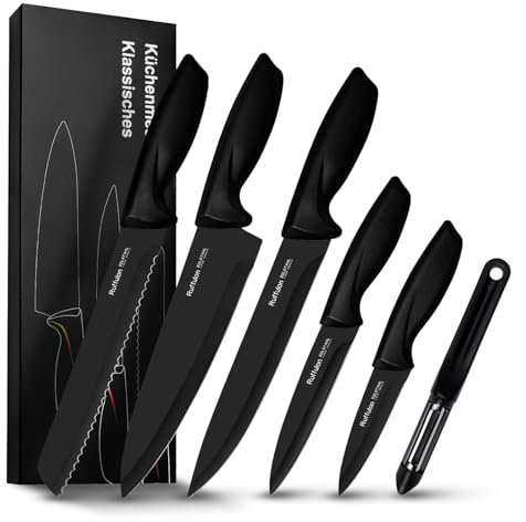 Ruffulon Messerset,Messerblock Kochmesser Set Edelstahl Messer Set Küche,6-teilig Küchen messer Set,Scharfe Küchenmessersets,Antihaftbeschichtete,Schwarz Messerblocksets
