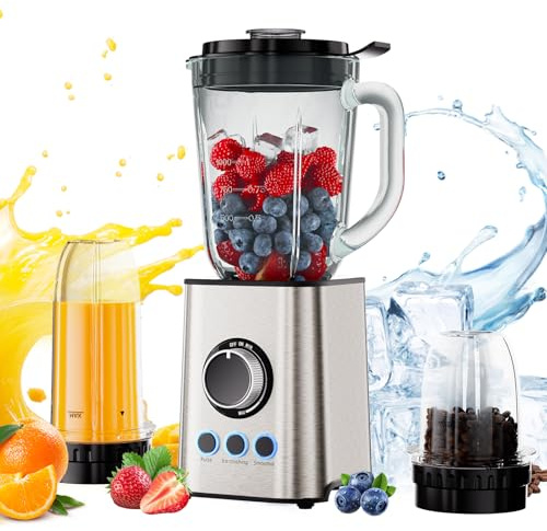 Biolomix Frullatore 3 in 1 e frullatore da 1300 W con contenitore in vetro da 1,5 l, 3 livelli di velocità, inclusi bicchieri da 800 ml e 600 ml, adatto per cubetti di ghiaccio, frutta, verdura e noci