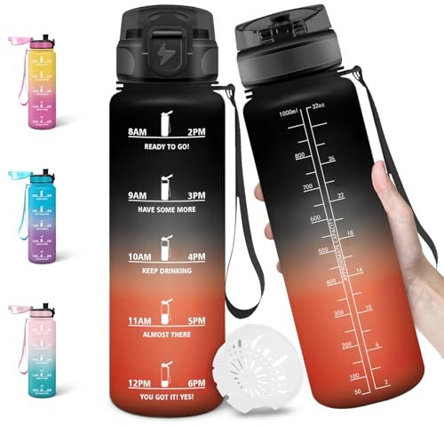 Motswedi Gourde, 1000ml Sans BPA, Gourde Plastique, Conception de Verrouillage Anti-Fuite, Bouteille, Avec Horodatage, Bouteille Motivation pour Sports, Camping, Cuisine - Noir&rouge