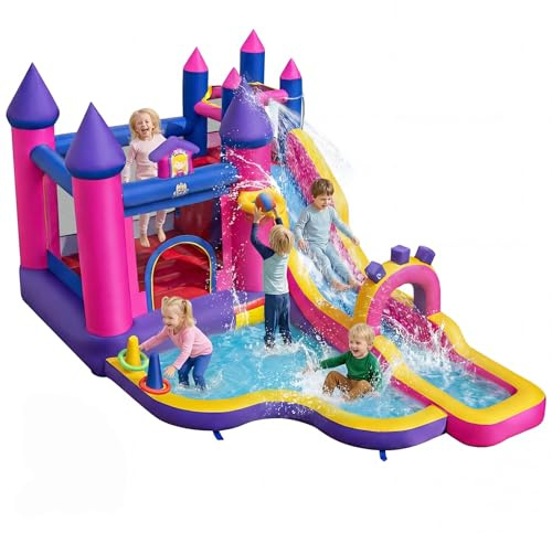 COSTWAY Hüpfburg mit Wasserrutsche, Sprungbereich, Planschbecken, Kletterwand, Basketballkorb & Ringwurfspiel, Wasserhüpfburg für Kinder, Wasserpark für Außenbereich, 460 x 290 x 245 cm