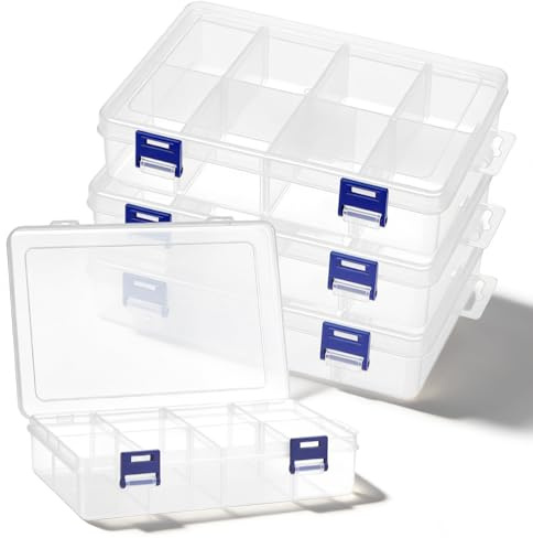 NEUSID 4 PCS Plastic Storage Box with 8 Adjustable Compartments, 20x13.5x4.5cm Transparent Organiser Boxes for DIY Diamond Accessories Craft Beads Earrings Jewelry