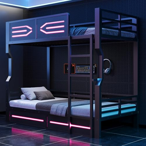 Sapgaks Lit superposés avec éclairage LED 90 x 200 cm,Lit Mezzanine Double avec Garde-Corps,Lits superposés en Fer forgé avec échelle, Noir (Matelas Non Inclus)