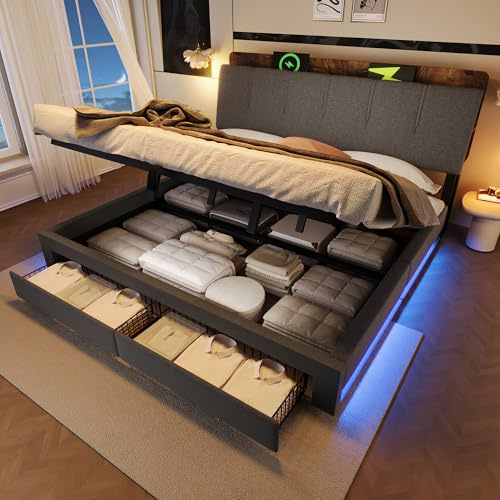 Xwiny Polsterbett 180x200 cm mit LED-Beleuchtung und USB Typ-C Ladefunktion, Stauraumbett mit Hydrauliksystem, Doppelbett mit 2 Schubladen, Leinen, Grau(Ohne Matratze)