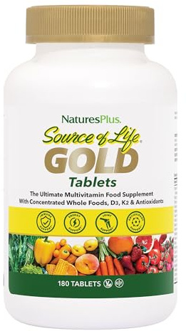 NaturesPlus Source of Life Gold Tablets - Whole Food Multivitamin for Men and Women, Energy Booster, Immune Support - Vegetarian, Gluten Free - 180 Tablets