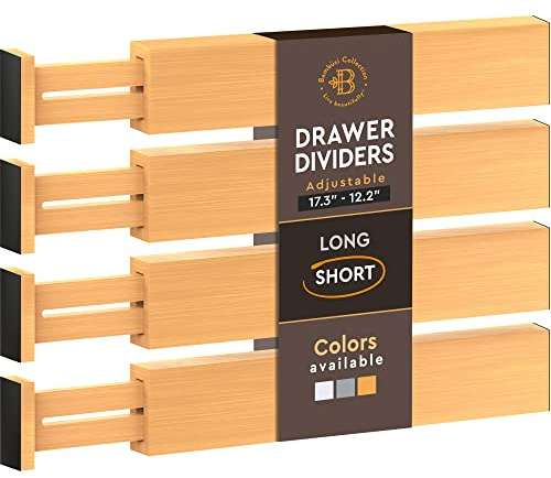 Bambüsi Bamboo Drawer Dividers Organizer - Adjustable Fits Standard Drawers Sized 12.2 Upto 17.3- Expandable Kitchen Drawer Organizer Separator for Utensils, Dresser, Clothes, Bedroom, Bathroom 4PK