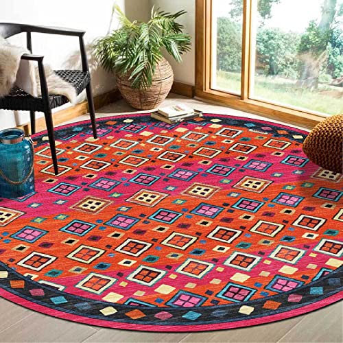 Rururug Tappeto Rotondo Regionale Geometria rombo etnica fucsia giallo arancio Facile da Maneggiare Macchie Soggiorno Camera da Letto Computer Sedia Cuscino ø 140CM
