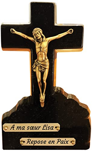 Croix Funéraire en Pierre et Christ en Bronze