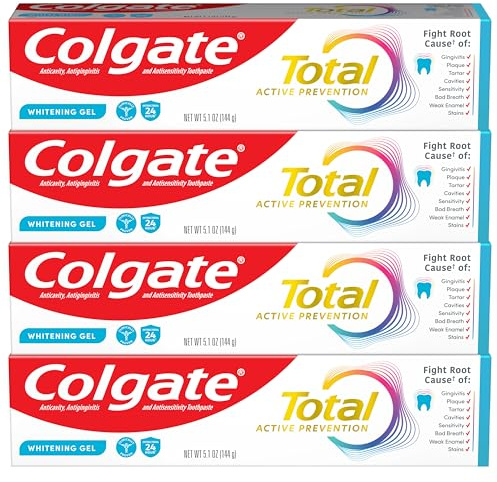 Colgate Total Active Prevention Whitening Gel Toothpaste with Fluoride, Bulk with Clinically Proven Formula That Fights Plaque Bacteria, Mint, 4 Pack, 5.1 oz