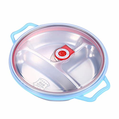 RHBHY Kinderteller Baby Teller Menüteller mit Deckel 19CM Edelstahl Teller für Kinder Spülmaschinenfest und MikrowellenFest BPA-freier geteilter Teller für Heimkindergarten Schule (Blau, 19CM)