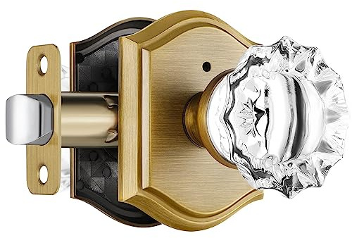 CLCTK Glass Door Knobs Interior, Vintage Style Privacy Crystal Door Knobs with Lock, Antique Brass Door Knobs for Bedroom Bathroom, Push Pin Button Inside Lock, 1 Pack