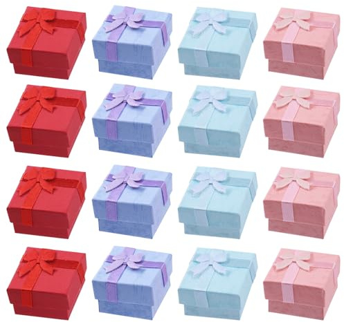 Swpeet 32Pcs 4 Colors 1.57 x 1.57 x 1.06 Inches Jewelry Gift Boxes with Lids and Decorative Ribbon Knot, Cardboard Jewelry Boxes Packaging Bulk Gift Wrap Boxes for Ring and Earring